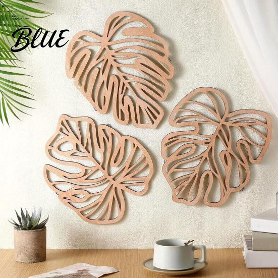 Tropical Home Wall Decoration 3Pcs Hollow Monstera Leaf Decoration, Wooden Art Hanging Plaque, Decorative Gift for Housewarming Sculpture with