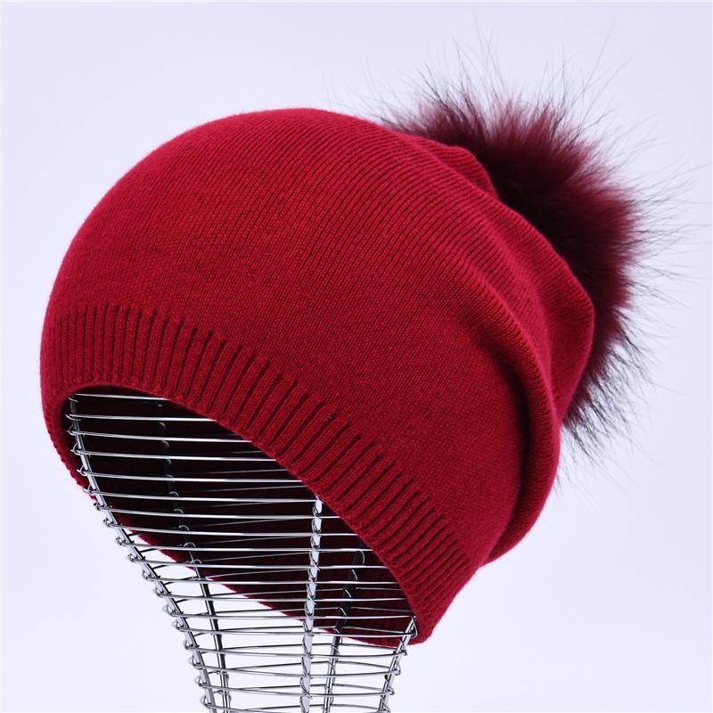 Real Raccoon Fur Pom Pom Knitted Hat Women Beanies Cashmere Winter Hat Female Girl Cotton Skullies Wool Beanie Hat