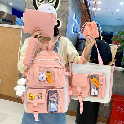 Schoolbag Five-piece Set Schoolbag for Girls, Primary School Students, Junior High School Students, High-value College Style, Large-capacity and .