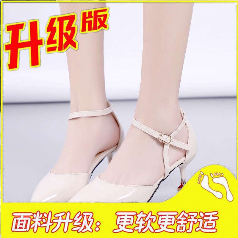 Korean version 2025 summer new pointed patent leather thin heel high heel sandals middle heel bag head one-word buckle sexy and thin women's shoes