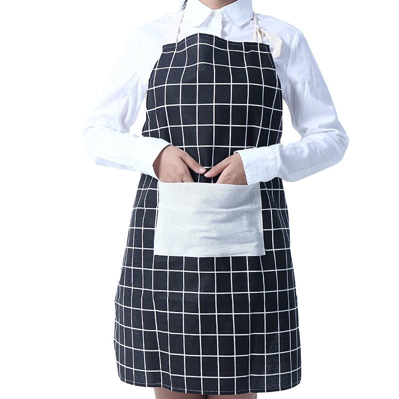 Kitchen Cotton Linen Apron Oil Proof Thickened Waist Cooking Protective Clothing Adult Checkered Overalls