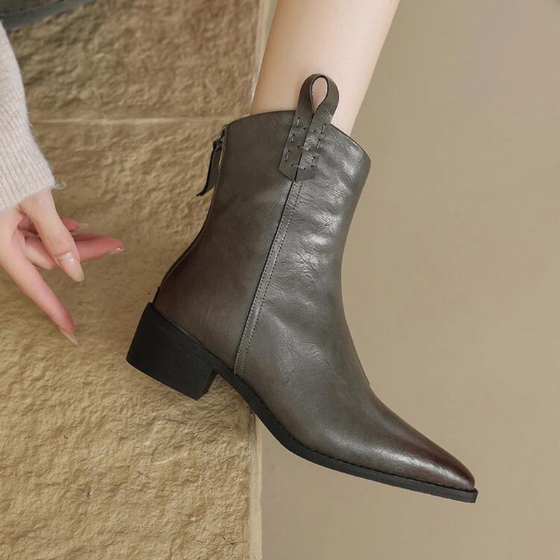 Fashion NEW Winter Women Boots Split Leather Shoes for Women Pointed Toe Chunky Heel Shoes Warm Wool Snow Boots Casual Zip Short Boots