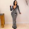 X5002 Rhinestone Inlaid See-through Mesh Women's Long Dress - European and American Nightclub Style