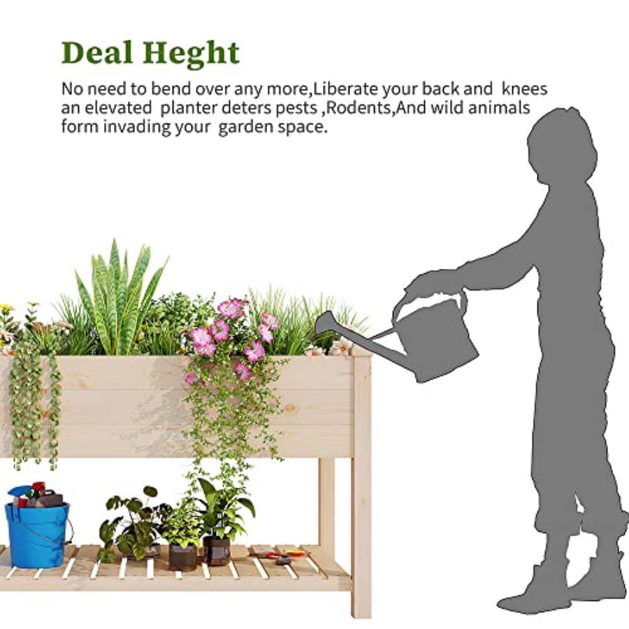 Outdoor Wood Raised Garden Bed Elevated Reinforced Large Planter Box with Storage Shelf for Vegetable Flower Backyard Patio Gar
