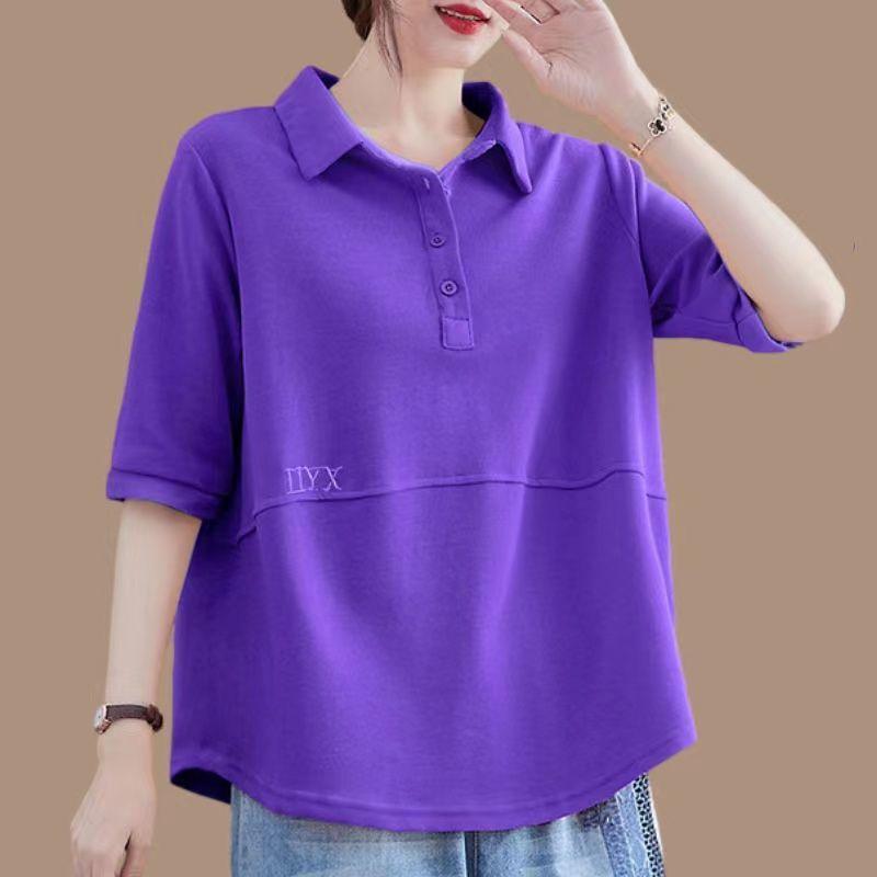 Damenbekleidung Sommer Einfache Casual Streetwear Übergroße Polokragen T-Shirts Einfarbig Kurzarmoberteile