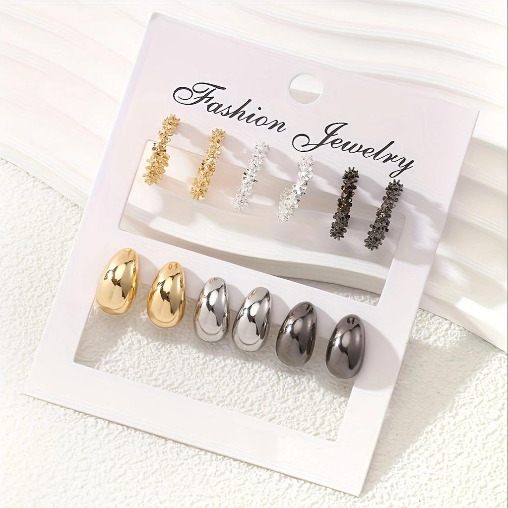 6 Pair Fashion Multi-color Geometric C-shaped Stud Earrings Retro Statement Water Drop Earrings Women's Trend Party Zircon Set