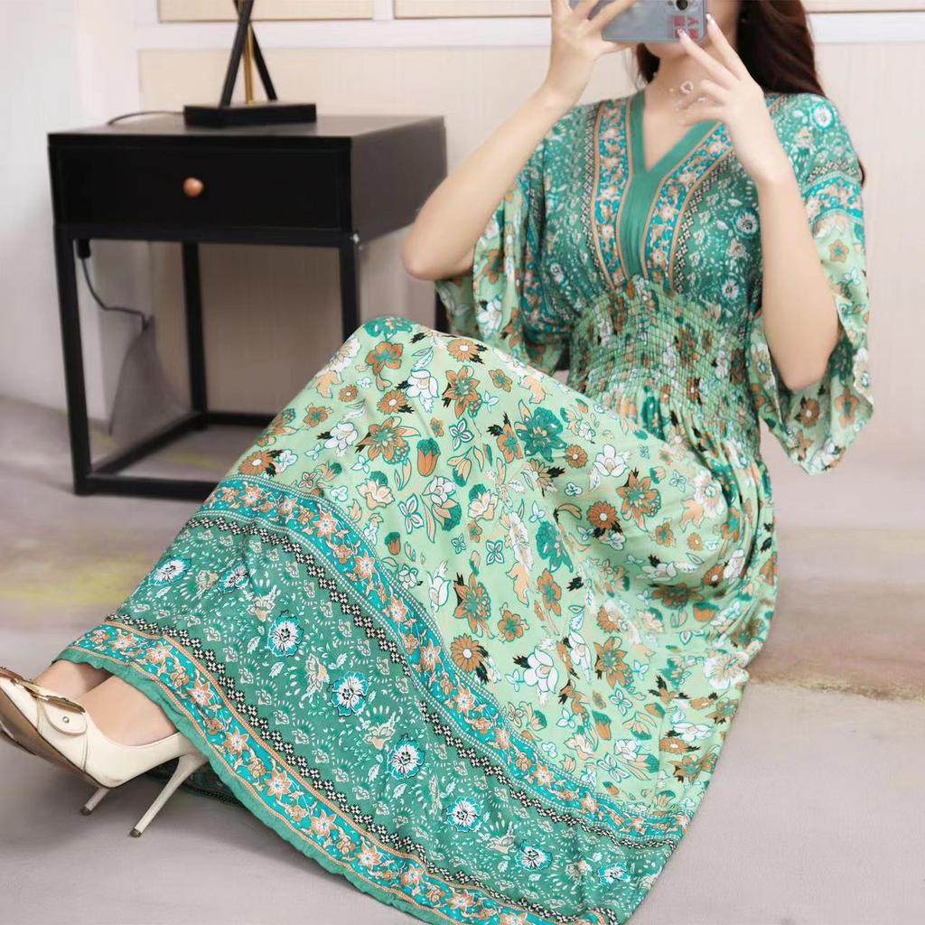 Ethnic Style V-neck Cotton and Silk Short-sleeved Beach Dress Thailand Travel Dress Summer Print Vacation Floral Skirt