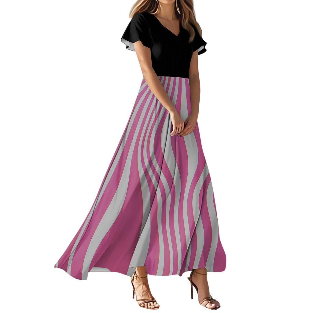 Women's Summer Casual Fashion Striped Printed Dress V Neck Short Sleeve Dress