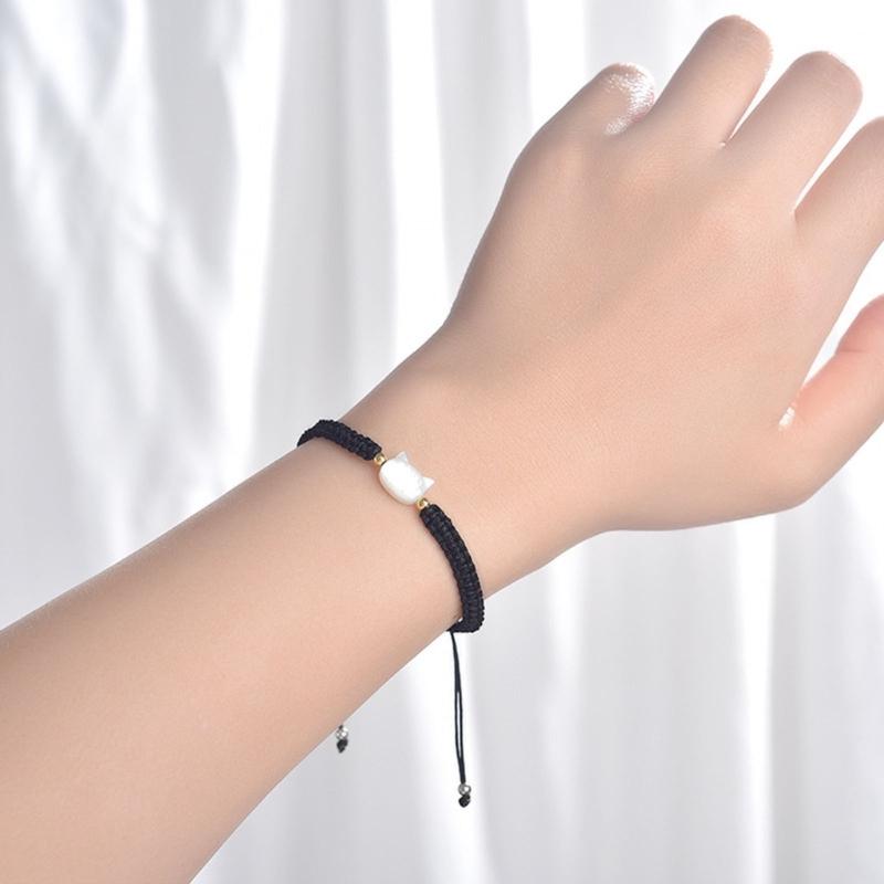 Natural Moonstone Obsidian Bracelet Unique Design Cat Charm Bangle Handwoven Wrist Link Chain Party Accessories for Girl