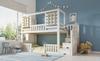 Bunk Bed 90x200 cm White Cabin Style with Wooden Windows and Stair Cabinet, with 2 Sleeping Surfaces, Slatted Frame Included, EN 747, without Mattress