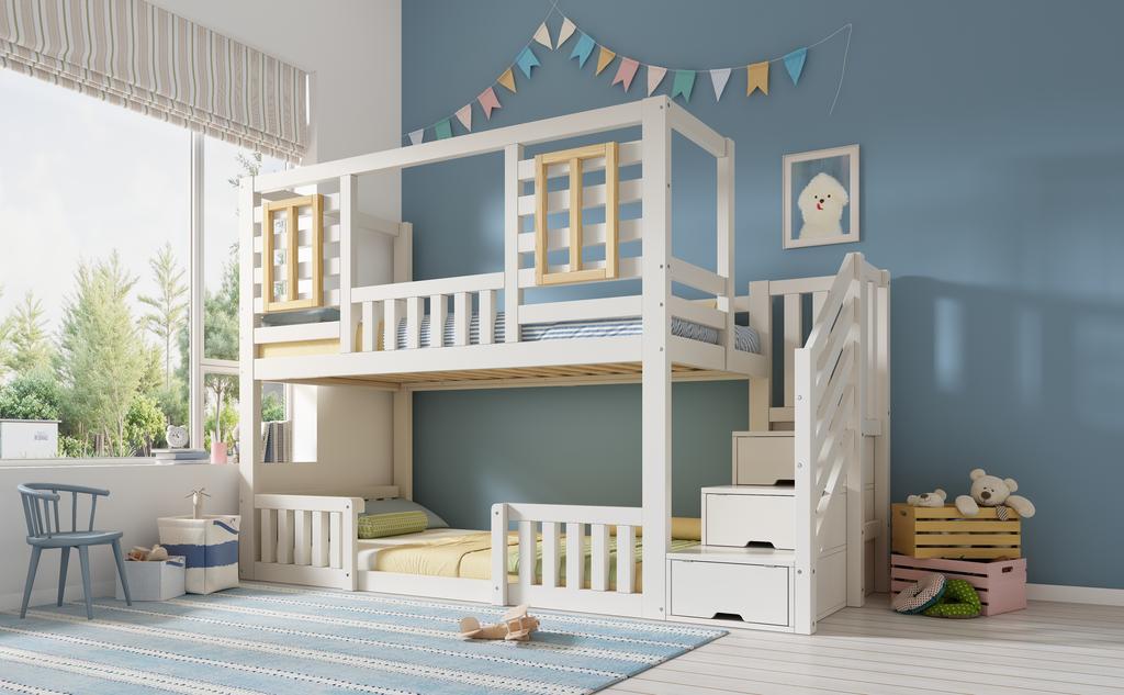Bunk Bed 90x200 cm White Cabin Style with Wooden Windows and Stair Cabinet, with 2 Sleeping Surfaces, Slatted Frame Included, EN 747, without Mattress