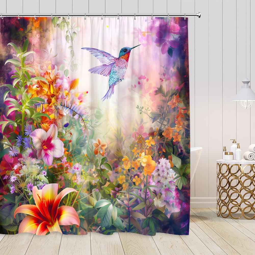 Hummingbird Floral Shower Curtains Birds Blooming Flowers Colorful Blossom Greenery Plants Modern Spring Bathroom Curtain Decor