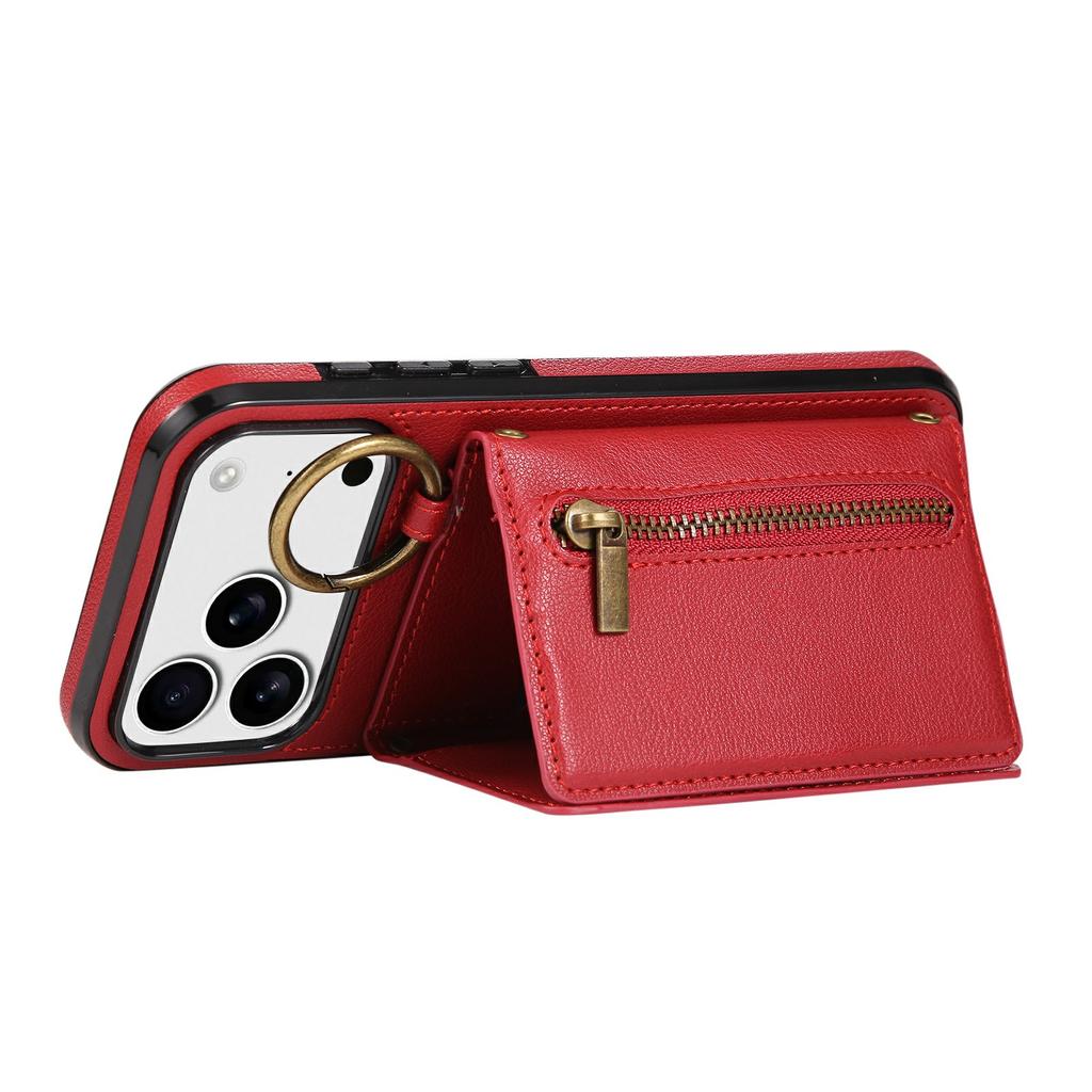 For iPhone 17 Pro Leather Back Cover Zipper Wallet Kickstand Phone Case with Shoulder Strap