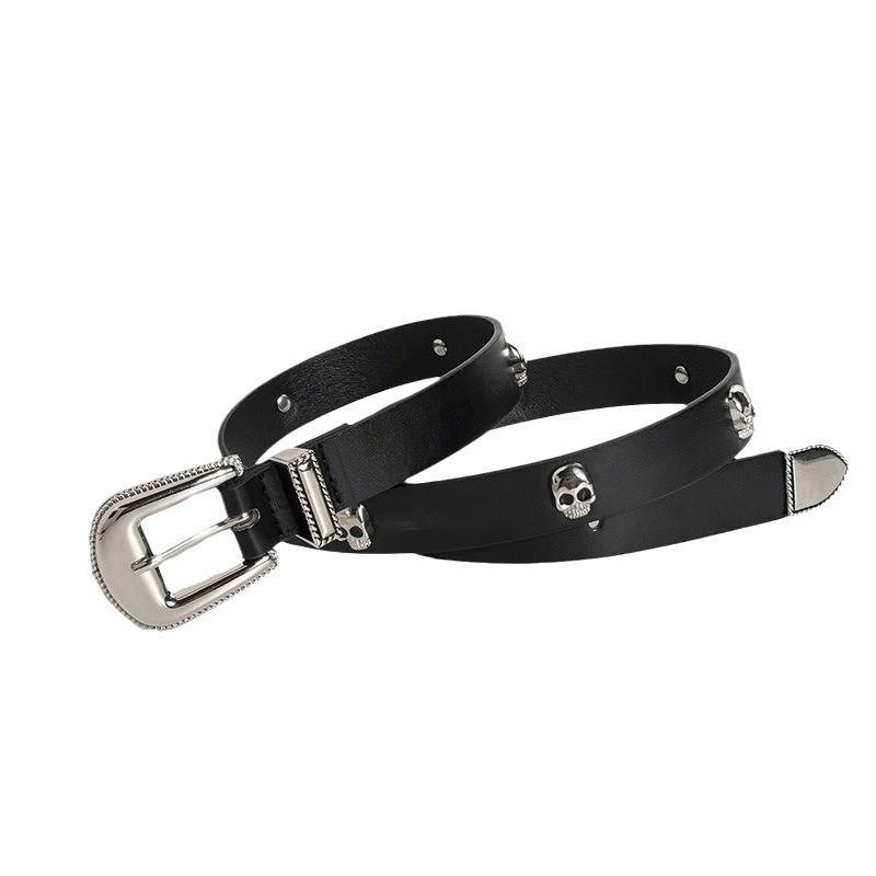 Y2k Womens Punk Leather Belt With Skull Decor And Metal Buckle For Casual Wear