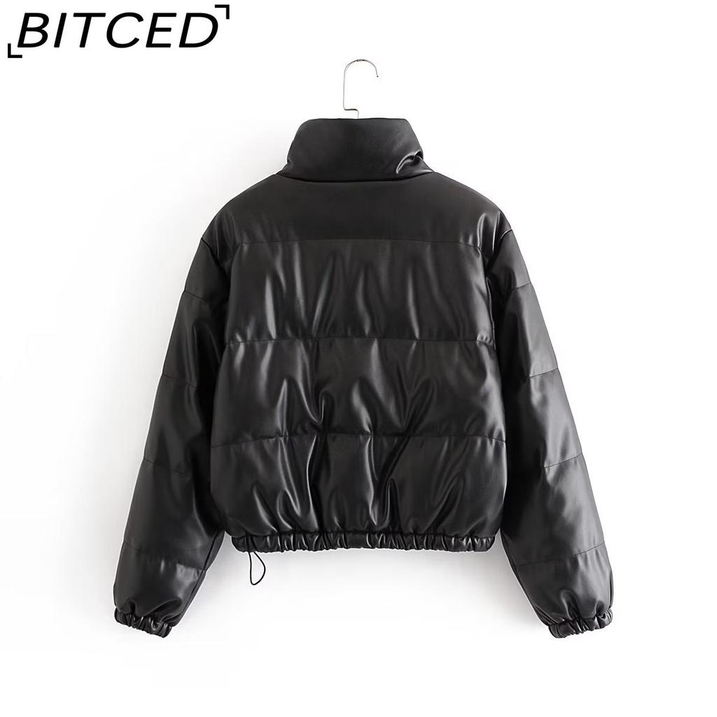 BITCED Fashion Casual Solid-Colour Minimalist Faux Leather Cotton Jacket for Women Winter Stand Collar Jacket