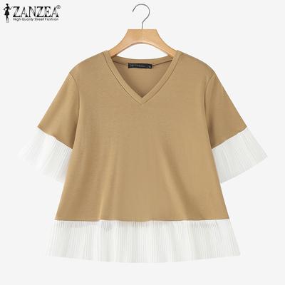 Women Summer V-Neck Casual Patchwork Short Sleeve Blouse