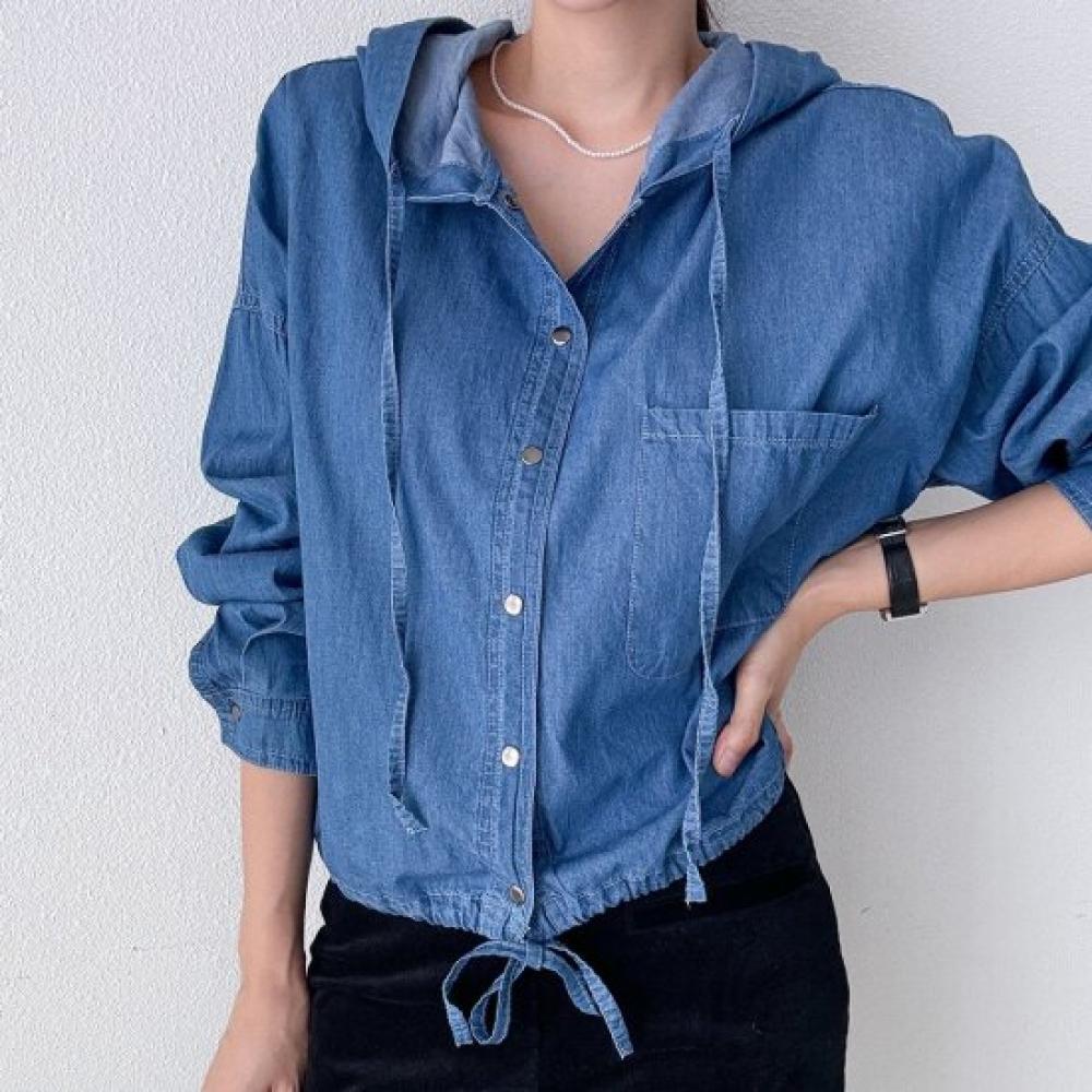 New ArrivalS Open Run Women S Bottom String Denim Long Sleeve Hooded Shirt Dark 