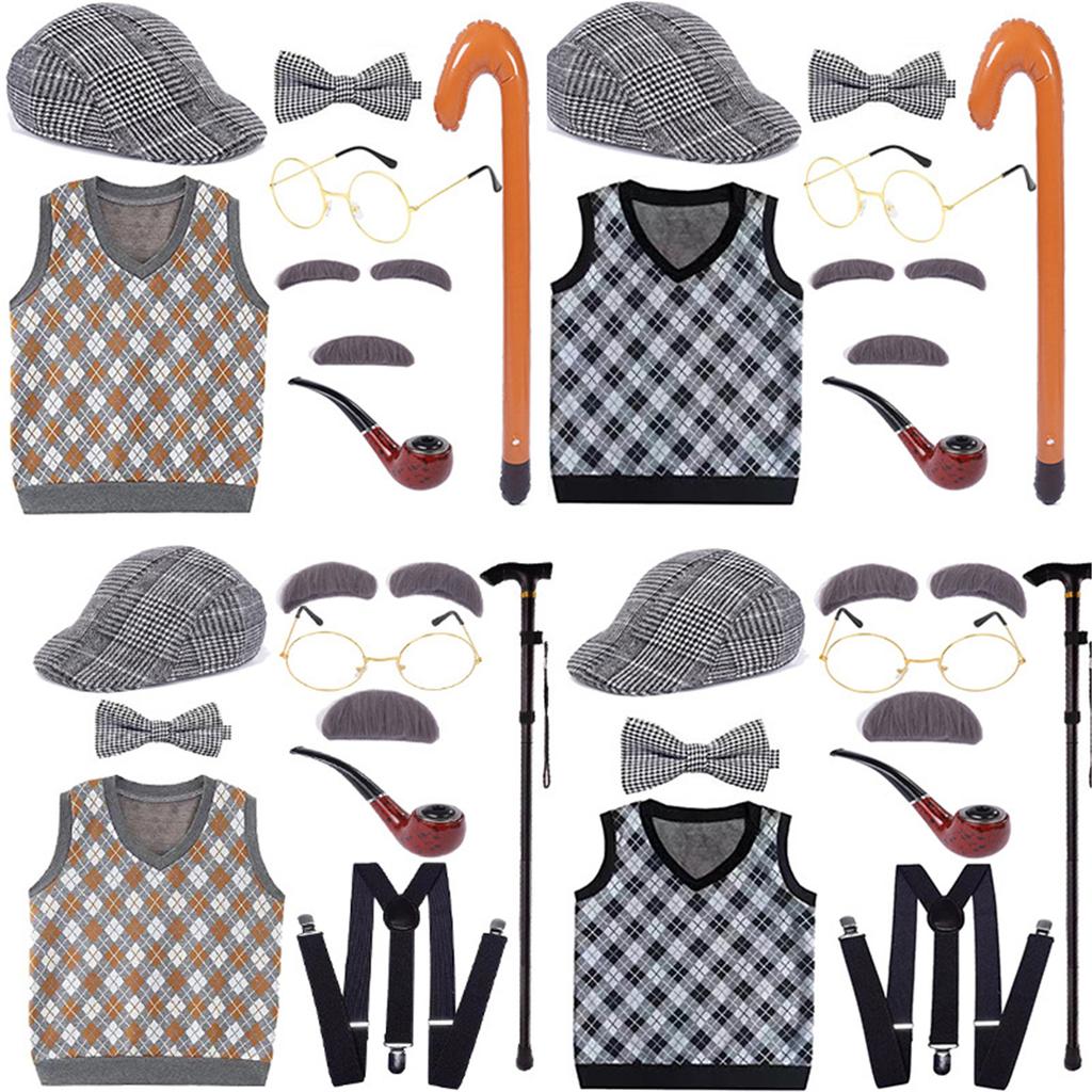 Grandfather Set Halloween Old Man Costume Set Grandpa Hat  Glasses Eyebrows Moustache for 100th Day of School