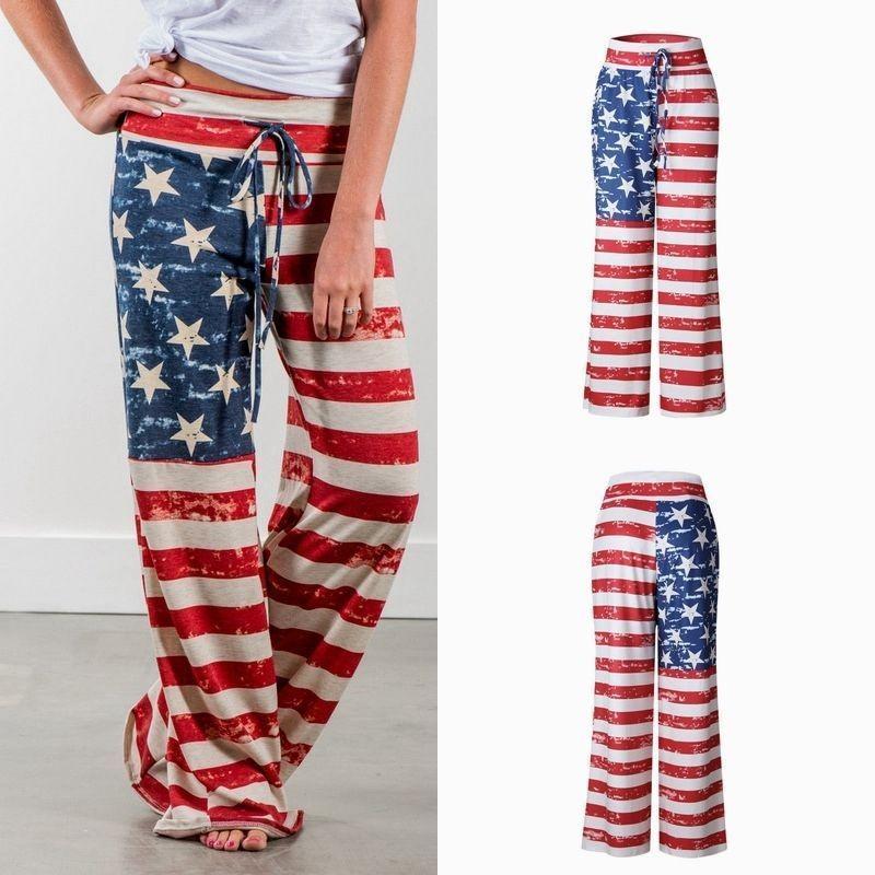 Womens High Waist Casual American Flag Print Drawstring Loose Wide Leg Pants For Summer