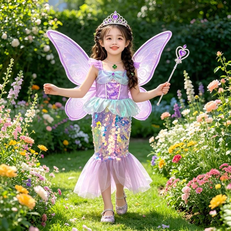 Little Girls Mermaid Sequin Wing Dress Princess Gown Stage Performance Costume