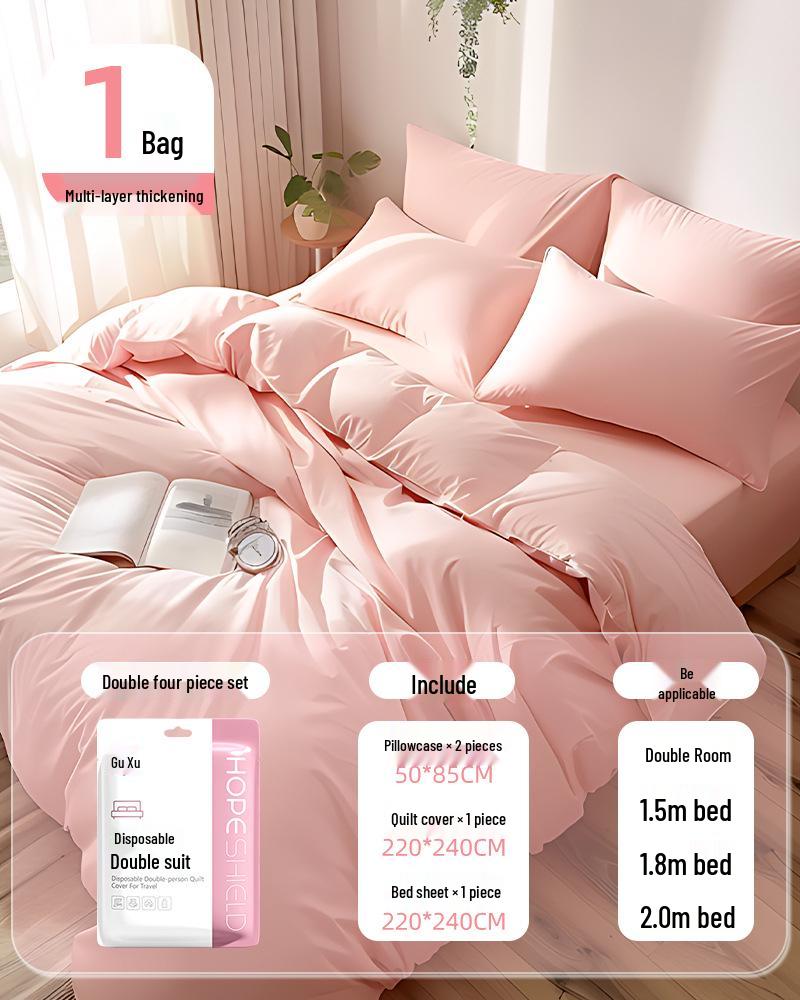 100% Baumwolle Dickes Einweg-Bettwäsche-Set: Bettlaken, Bettbezug & Kissenbezug - Tragbar, Schmutzabweisend für Hotel & Reise
