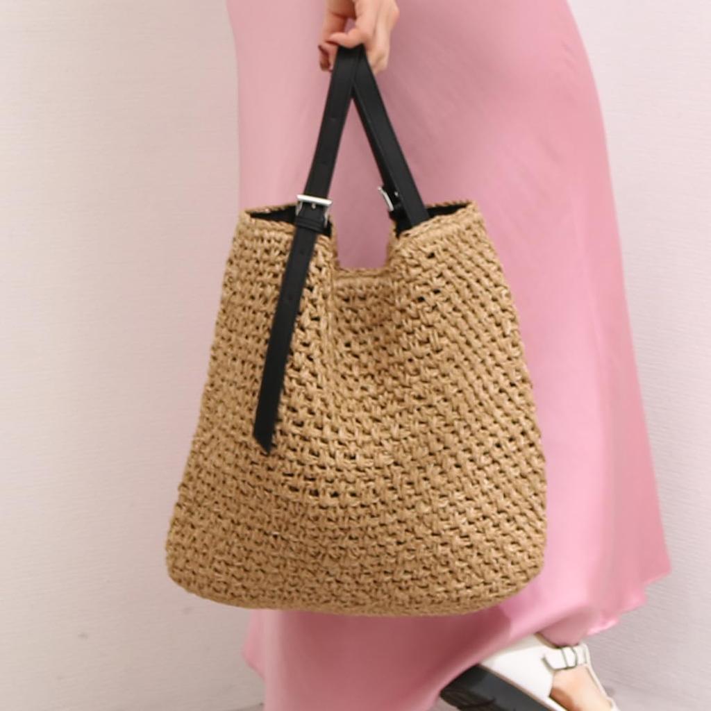 Belt Handle Patterned Woven Tote Bag