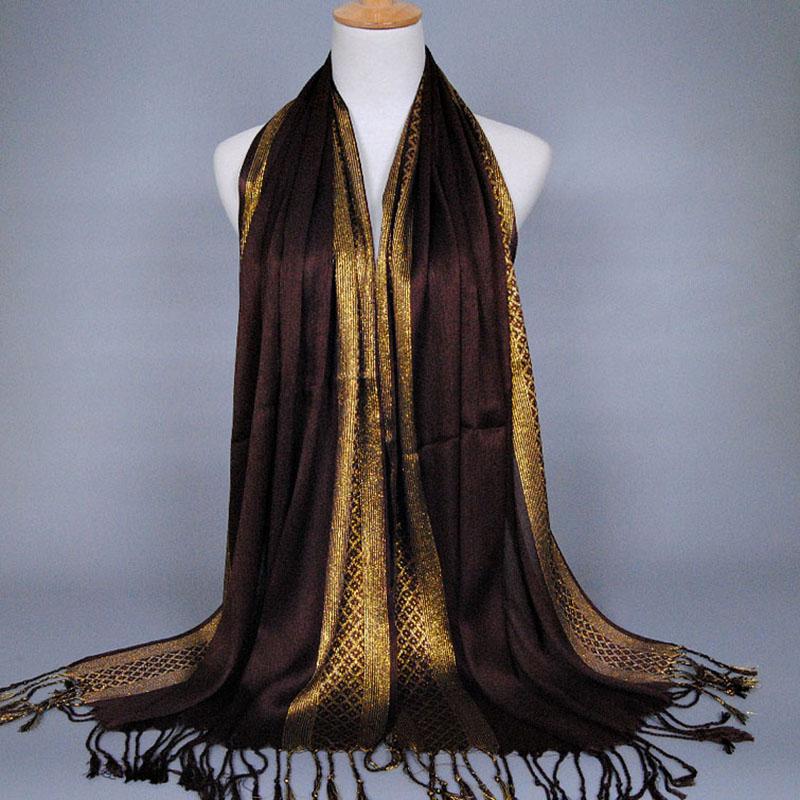 Fashion Gold Thread Tassel Shawl Wrap Shining Hijab Scarf Party Color Contrast Stoles Women Shimmer Scarves Hijab Pashmina