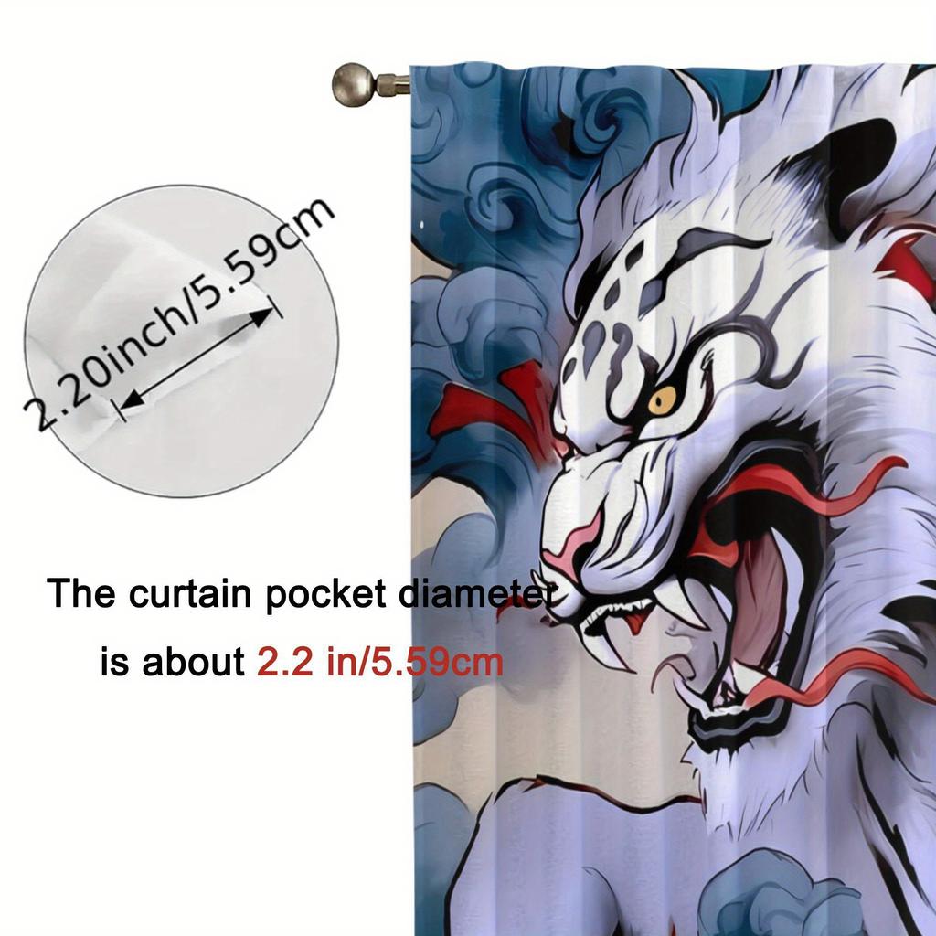 2pcs Vintage-Style White Tiger Print Curtains - Blackout, Rod Pocket, Machine Washable Polyester, Living Room Decor with Dram