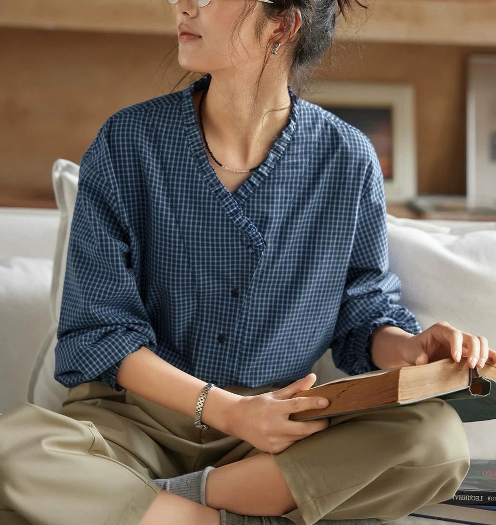 French retro plaid v-neck ruffle edge shirt women's long-sleeved shirt top thousand bird plaid