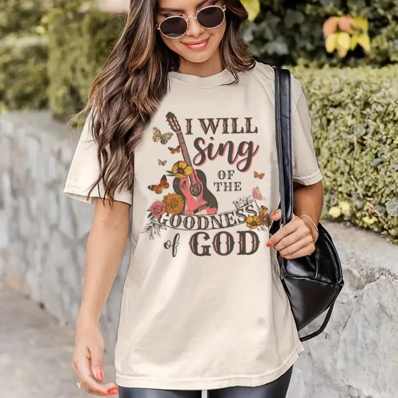 Women Vintage Boho Guitar Print Gospel Music TShirts Bible Verse God Worship Tshirt Religious Faith Tee Shirt Christian Apparel