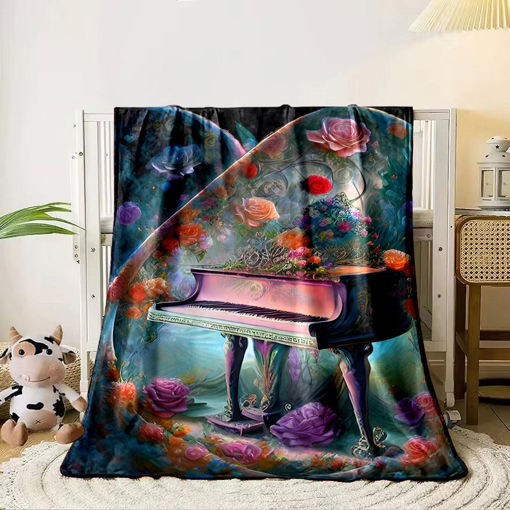 A vibrant piano surrounded by colorful roses and surreal floral patterns. for all seasons blanket lunch break throw gift 80cm x 120cm