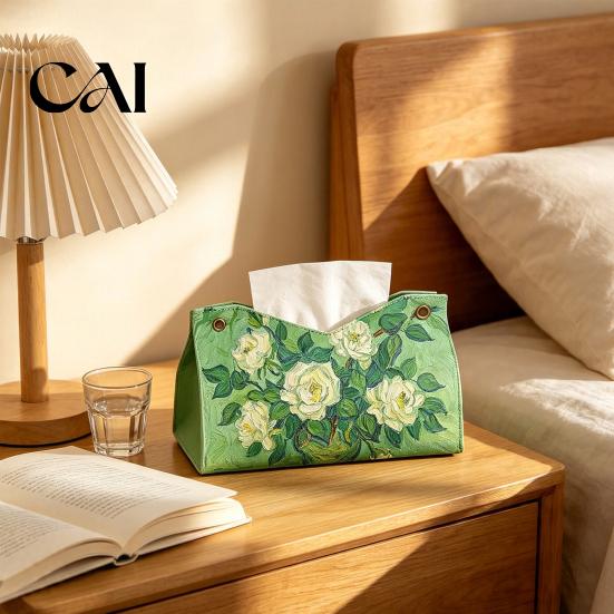 Decorative Paper Dispenser Leather Tissue Box Cover, Foldable Desktop Organizer, Oil Painting Style Napkin Holder Case, Storage Facial Organizer