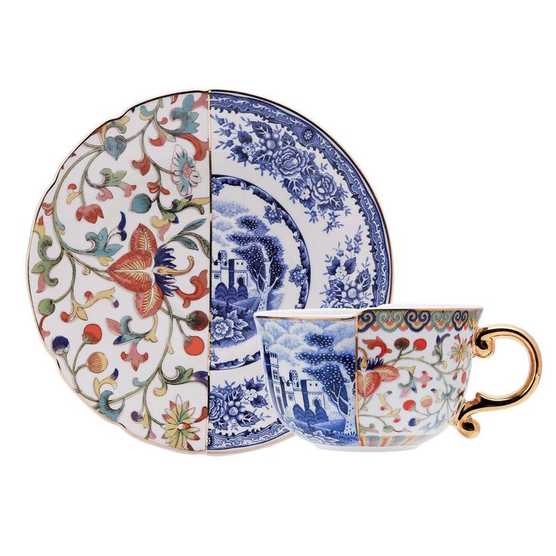 European Blue Gold Porcelain Coffee Cup Saucer Set Vintage Luxury Tea Set Export