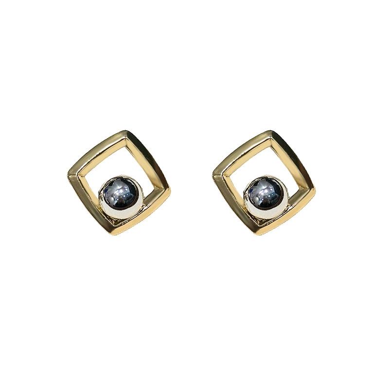 New earrings, cold wind, round ball beads, two-color splicing studs, geometric square fashion women's earrings
