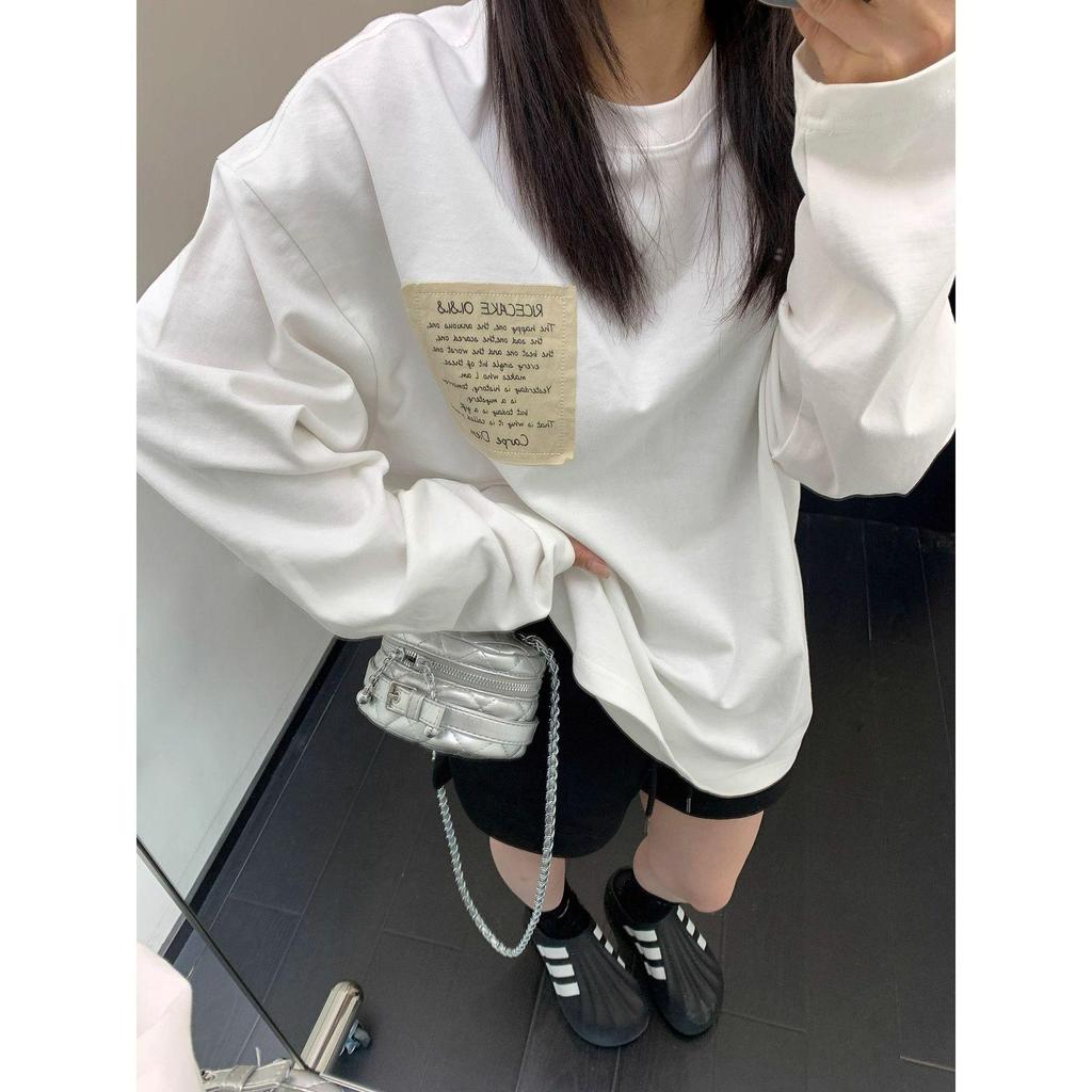2025 New Arrival: European-Style White Long-Sleeve Women's T-Shirt, Mid-Length Loose Fit, Pure Cotton Base Layer for Autumn/Winter