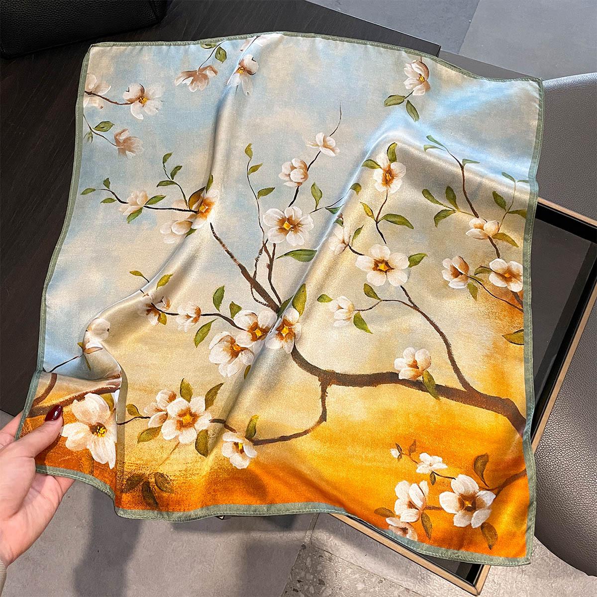 

Luxury 100% Real Silk Scarf Women Floral Print Bandana Shawl Lady Neckerchief Handkerchief Female Neck Bag Decorative Wrap 53cm 53X53CM