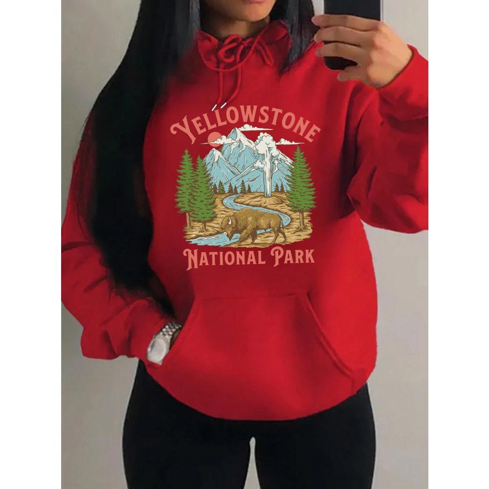 Yellow Stone National Park Printing  Hoodies Women Fleece All-Match Streetwear Y2K Pocket Hoody Autumn Casual Woman Clothing