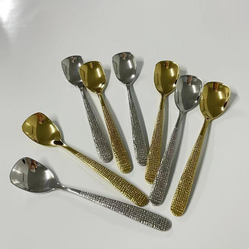 304 Edelstahl Besteck Flachkopf Löffel Gehämmertes Muster Griff Geschirr Luxus Retro Tafelgeschirr