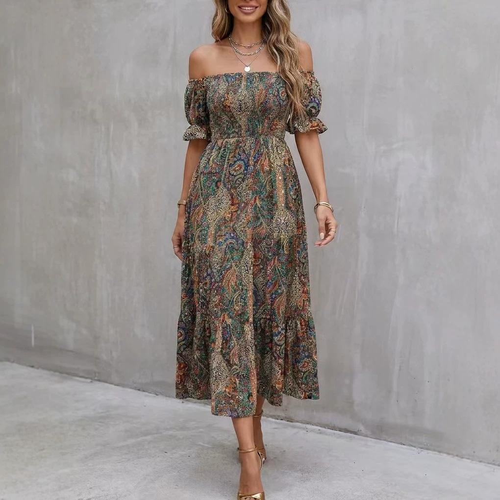 European and American Summer New Exotic Bohemian Vacation Style One-word Shoulder Princess Sleeve Dress