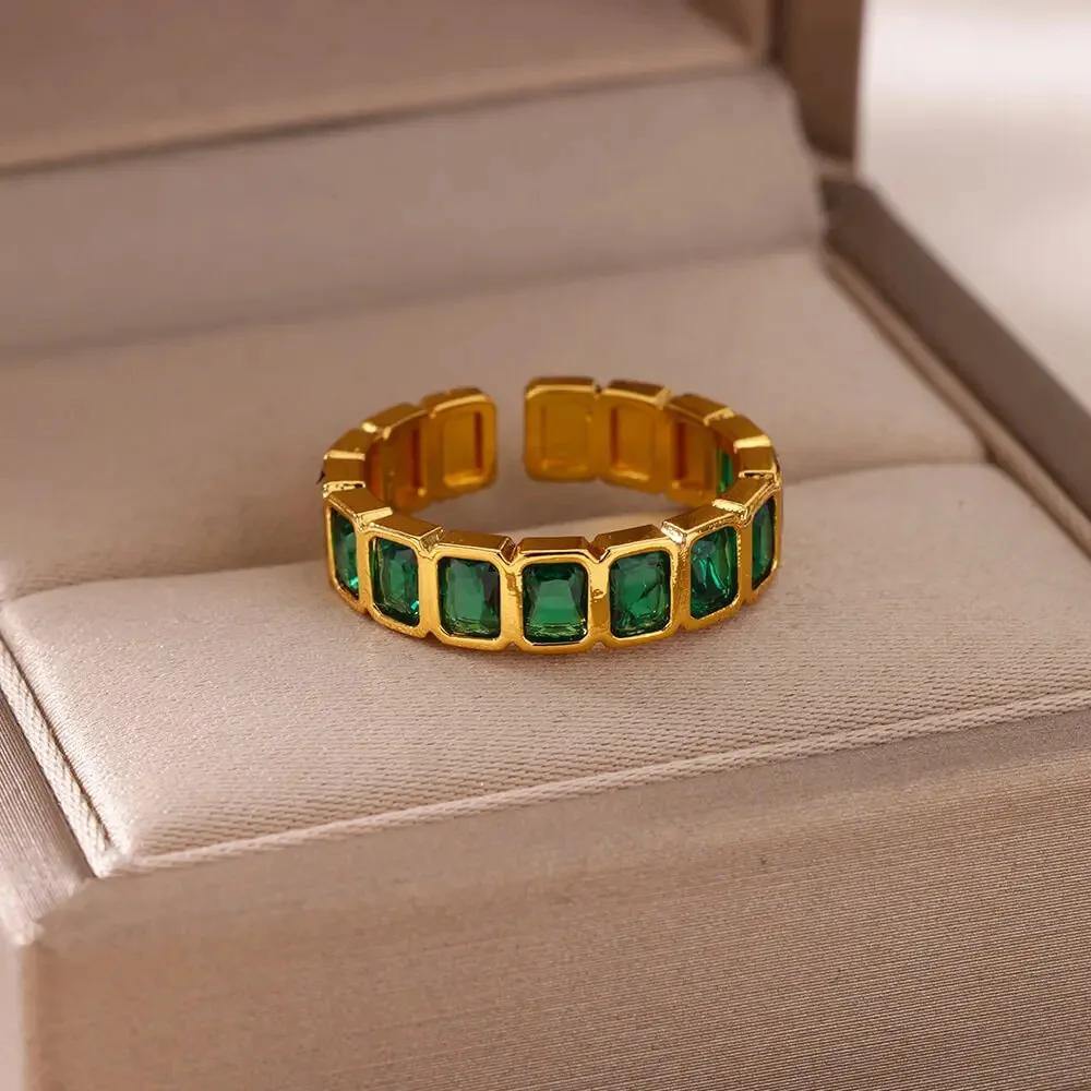 Luxury Geometric Square Colorful Zircon Opening Rings for Women Charm Gold Color Stainless Steel Party Finger Jewelry Accessory