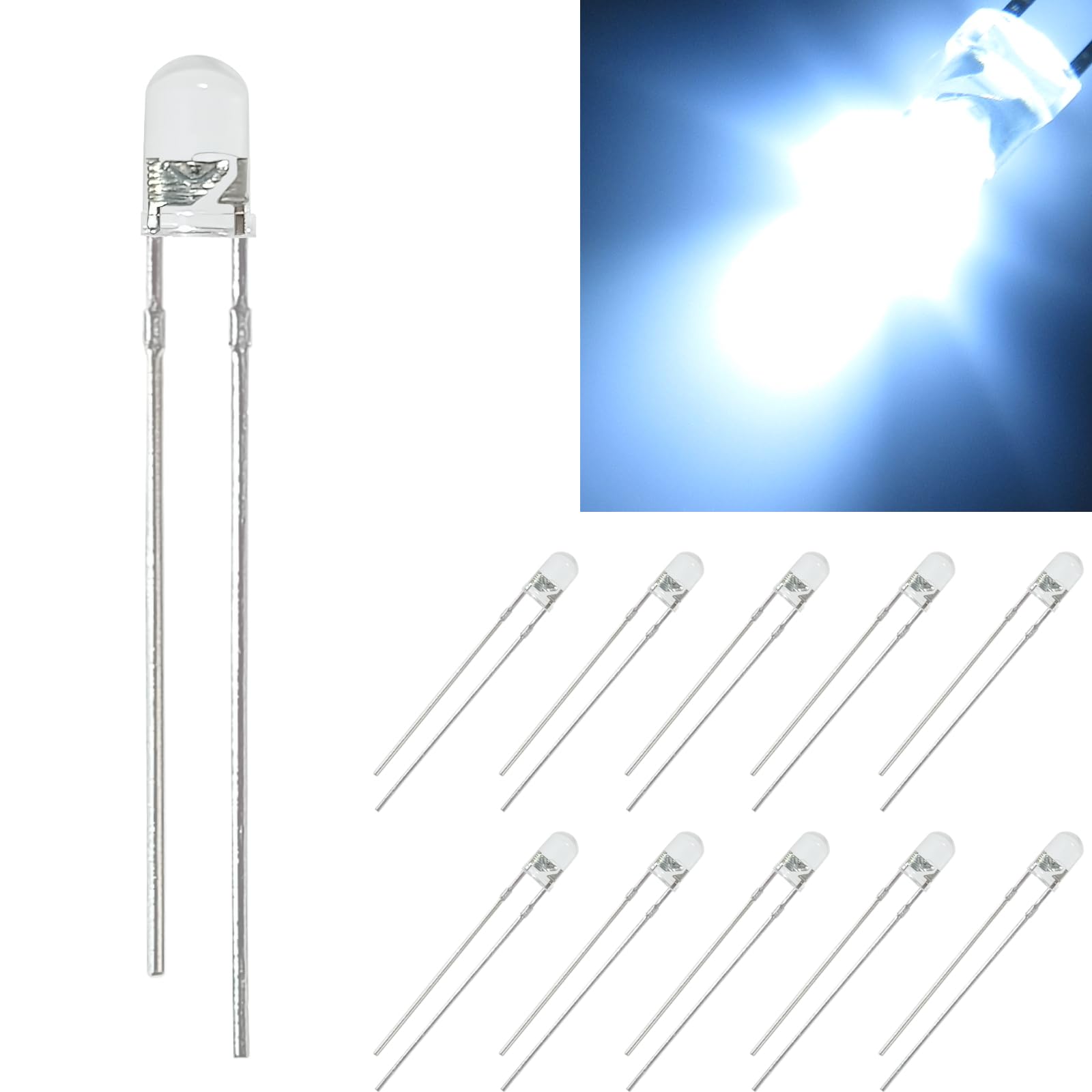 

White Bullet Light Emitting 10 Pieces Hi-FIELD Ultra-Bright LEDs, 3mm, 18000mcd, 20mA, 30°, Shape, Diodes, білий