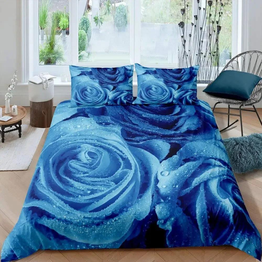 Blue Rose Floral King Queen Duvet Cover 3D Blossom Flowers Bedding Set Valentine's Day Quilt Cover Botanical Comforter Cover