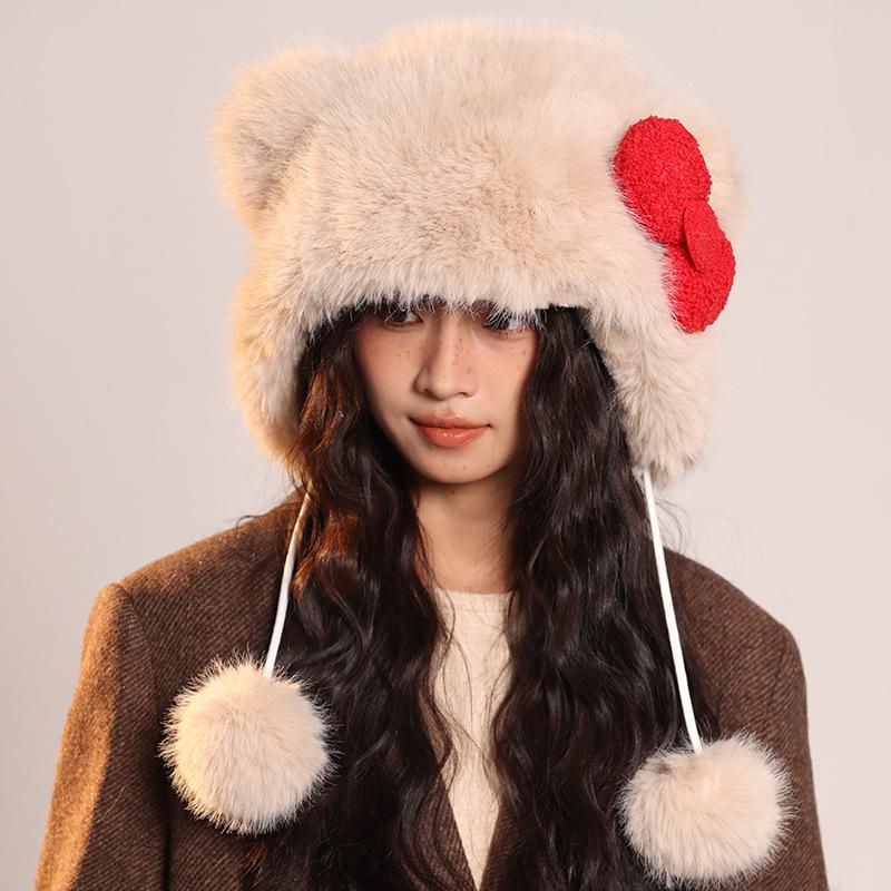 Red Bow Hat for Women Cute Animal Fashion Warm Plush Hat Autumn and Winter New Cartoon Ear Protection Lei Feng Hat