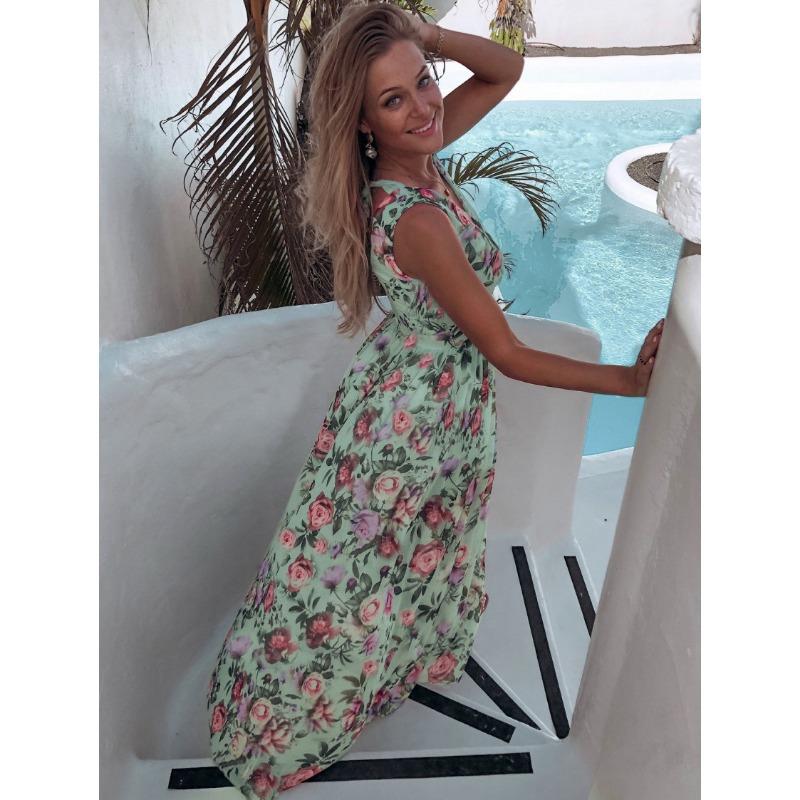 Fashion V Neck Sleeveless Floral Printed Chiffon A-line Dress Elegant Women Vacation Beach Casual Simple Split Party Long Dresses Female Clothing