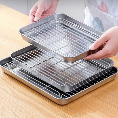 1 Set Multifunctional Stainless Steel Oven Baking Pan Grill Rack Set Non-stick Rust-proof BBQ Serving Dish with Cooling Rack Outdoor Camping
