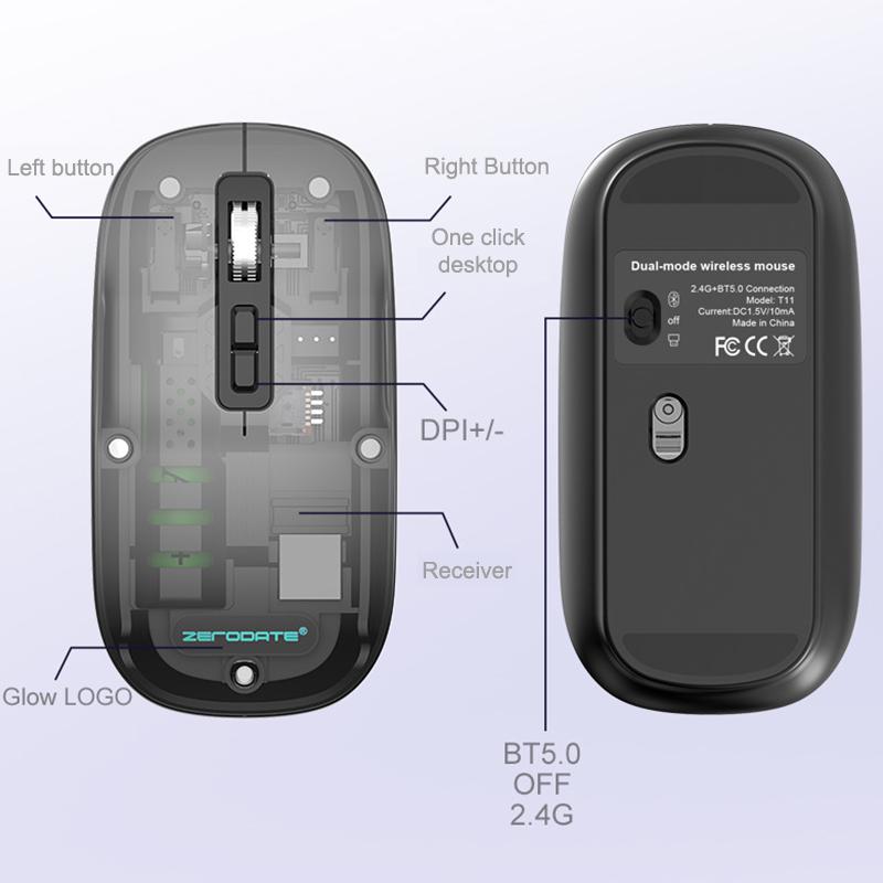 Transparent Wireless Mouse Dual Mode Bluetooth-Compatible Rechargeable Mouse Noiseless Cordless Computer Mice For Pc Laptop