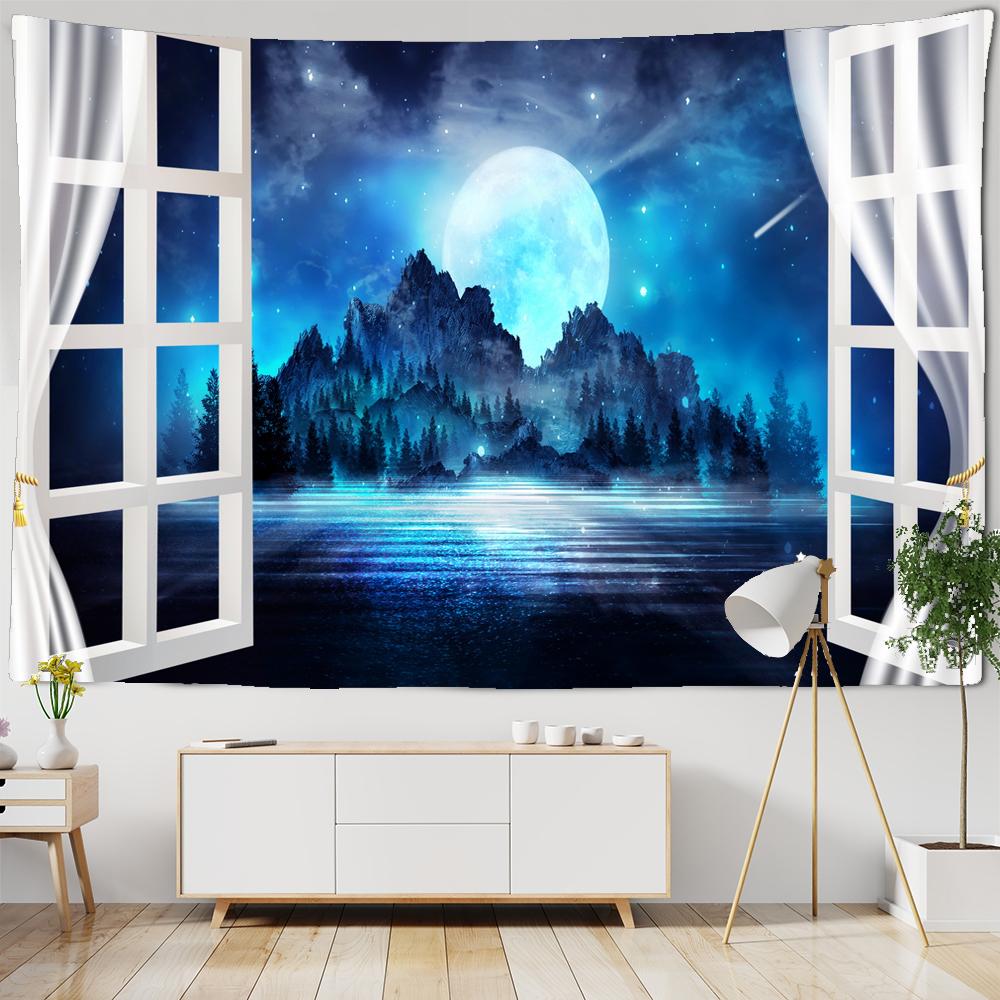 

Гобелен с пейзажем на окне для украшения, 3D-гобелен с романтическими цветами, домашняя живопись, психоделические лесные гобелены, настенные гобелены W150xH100cm