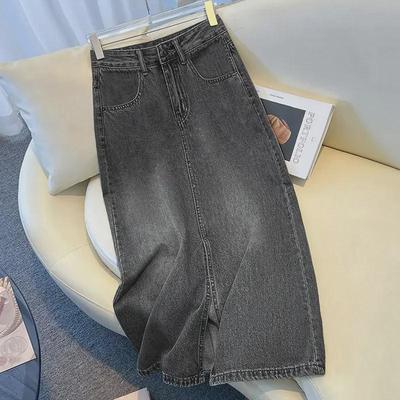 Fusta de denim cu talie înaltă pentru femei, negru/gri, primăvară și toamnă 2024, cu tăietură la mijloc