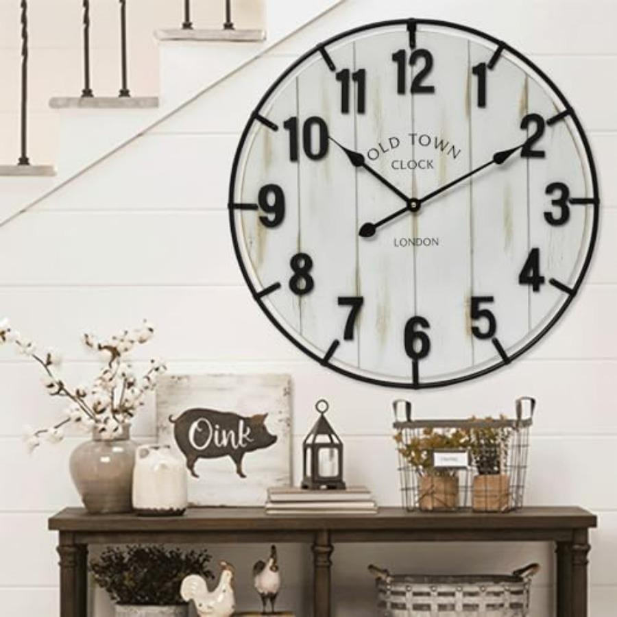 

Large 24 Inches Rustic Antique Wood Wall Clock with Metal Circle and Large Numerals Silent Battery Operated Clock in Washed Whi белый