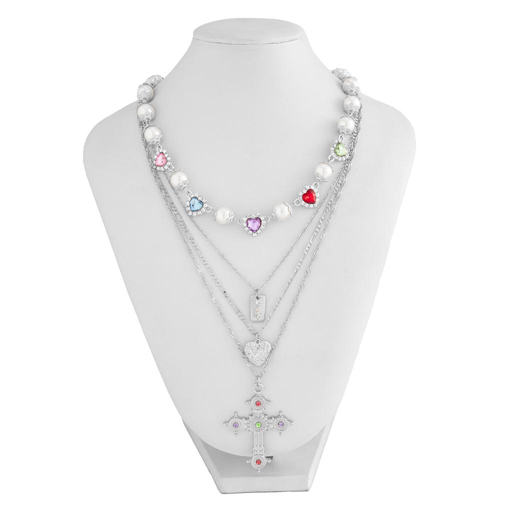 Ingemark Multilayer Rhinestone Love Heart Imitation Pearl Chain Necklace Women Creative Jesus Cross Pendant Choker Y2K Jewelry